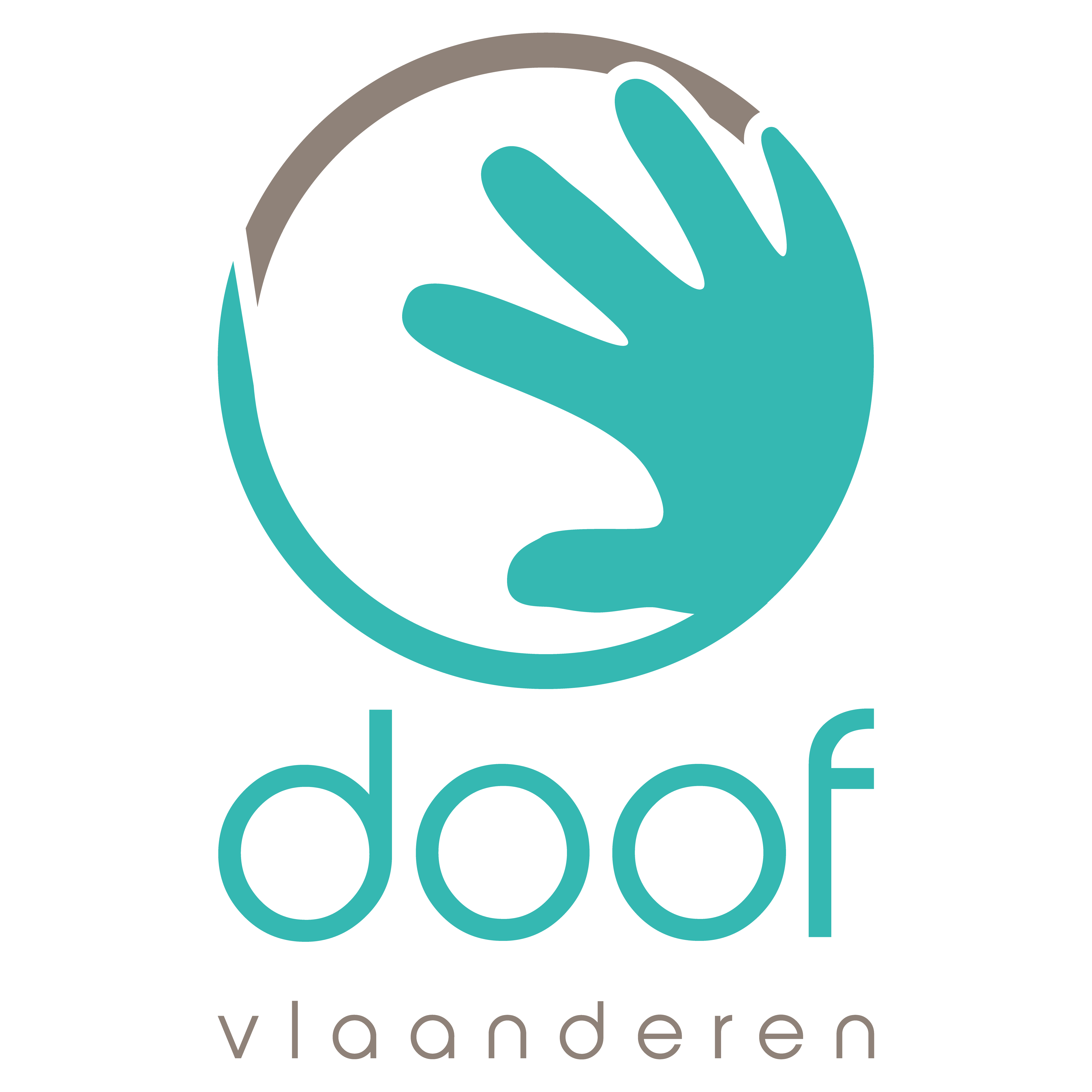 Een groen grijze cirkel met in het midden een opengesperde hand. Onder de cirkel staat doof vlaanderen